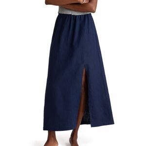 Quince European M 100% Linen Maxi Skirt navy 0240 blue slit elastic medium
